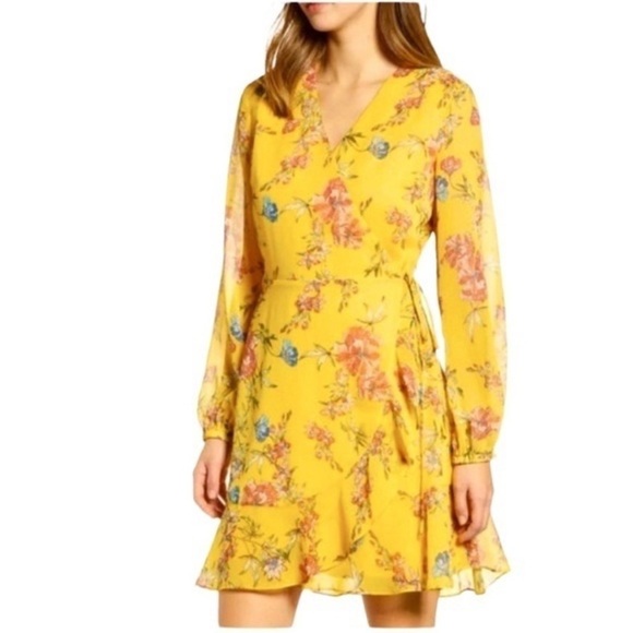 Nordstrom All In Favor Yellow Floral Wrap Dress Size‎ Large - Picture 1 of 5
